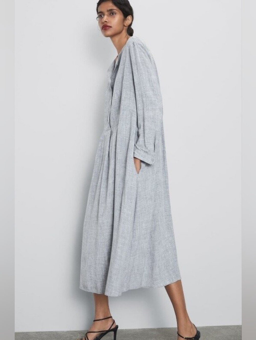 Zara 2019 Buttoned Pleat Swing Flowy Midi Long Sleeve Dress Grey Marl Medium M